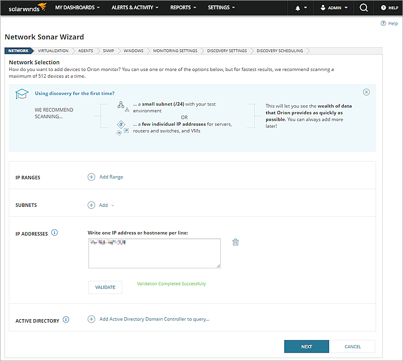 Screen shot of the Network Discovery wizard in SolarWinds